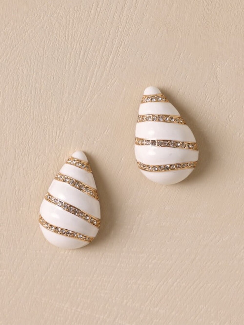 Anthropologie White Resin Teardrop Post Earrings with Gold Crystal Stripes